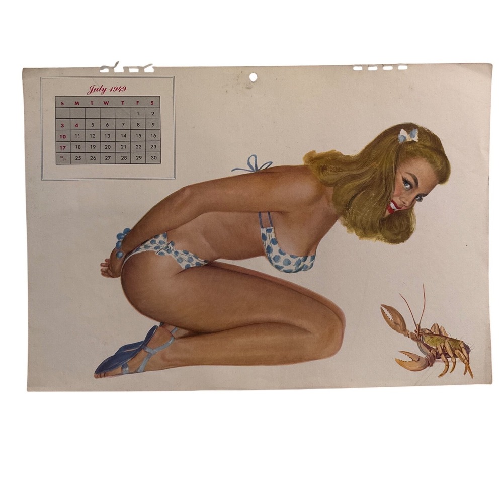 Vintage July 1949 Pin-Up Calendar Page Bikini Girl Lobster Illustration Print